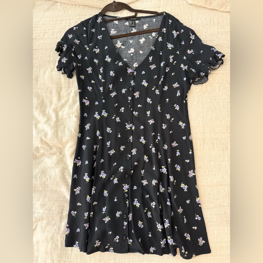 Floral Black Dress with Ruffle Sleeves